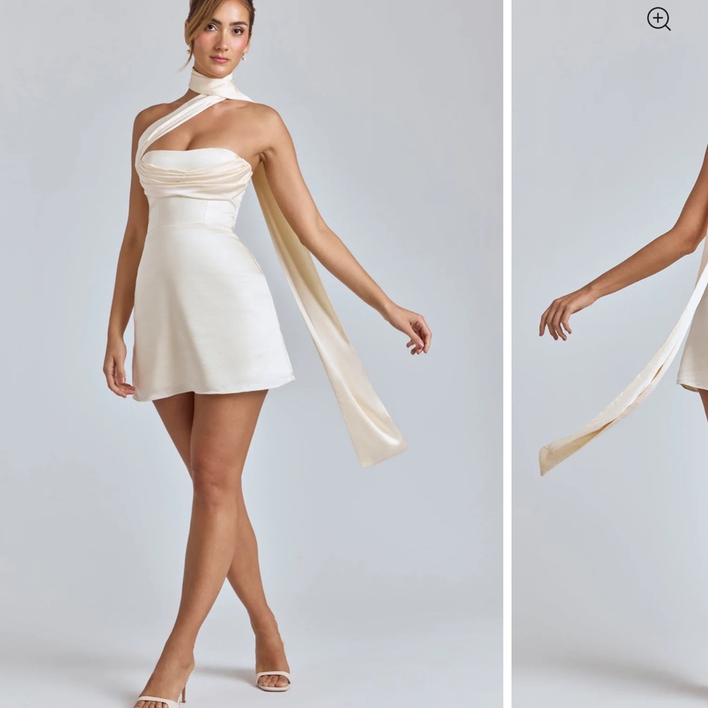 Oh Polly Cream Satin Mini Dress with Draped Scarf Neck